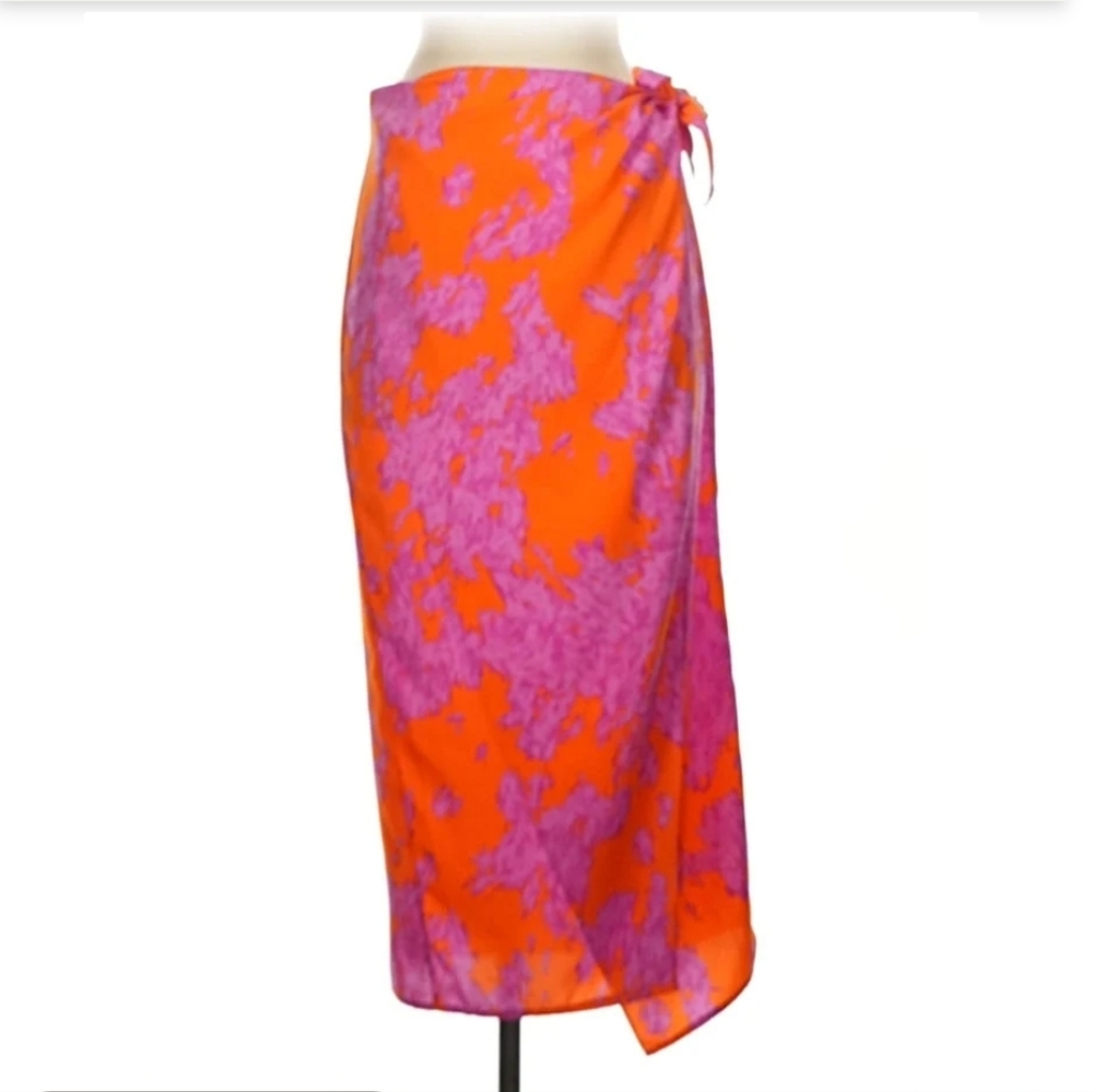 Tyche Orange & Pink Printed Swim Sarong. Women's Size Large